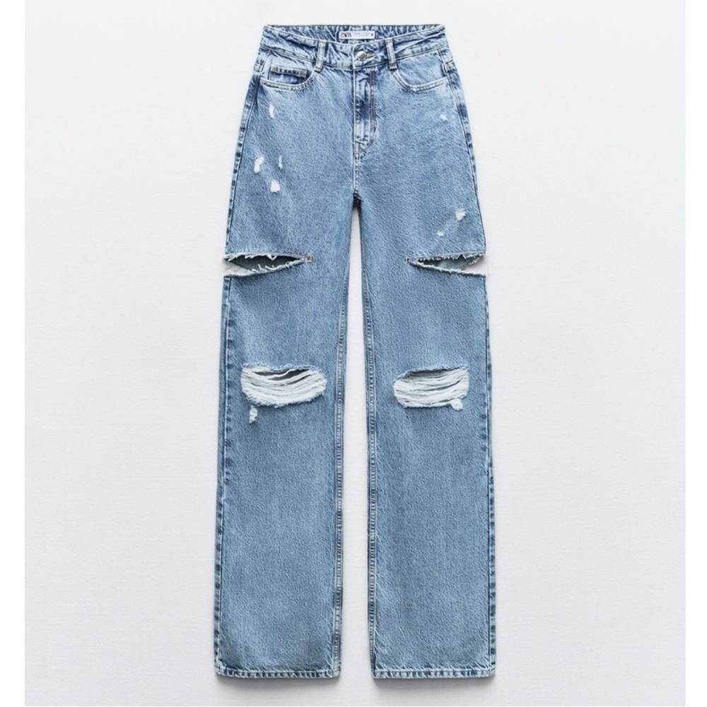 Zara Mid rise ripped cut out straight leg jeans